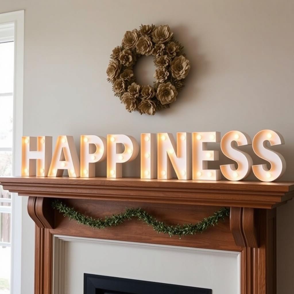 Light-up letters spell out happiness above a fireplace Light-up letters spell out happiness above a fireplace