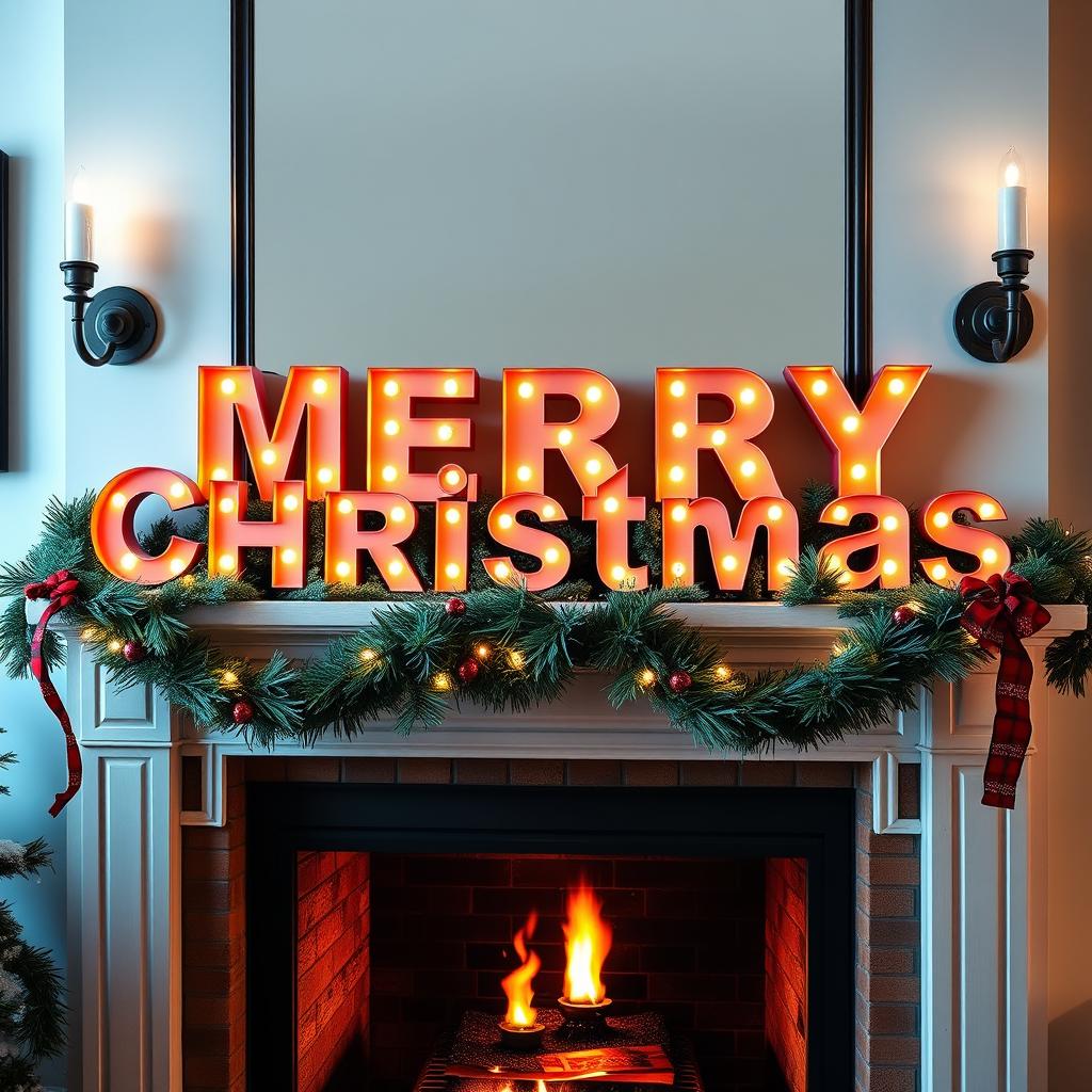 Lit-up merry christmas sign above a fireplace Lit-up merry christmas sign above a fireplace