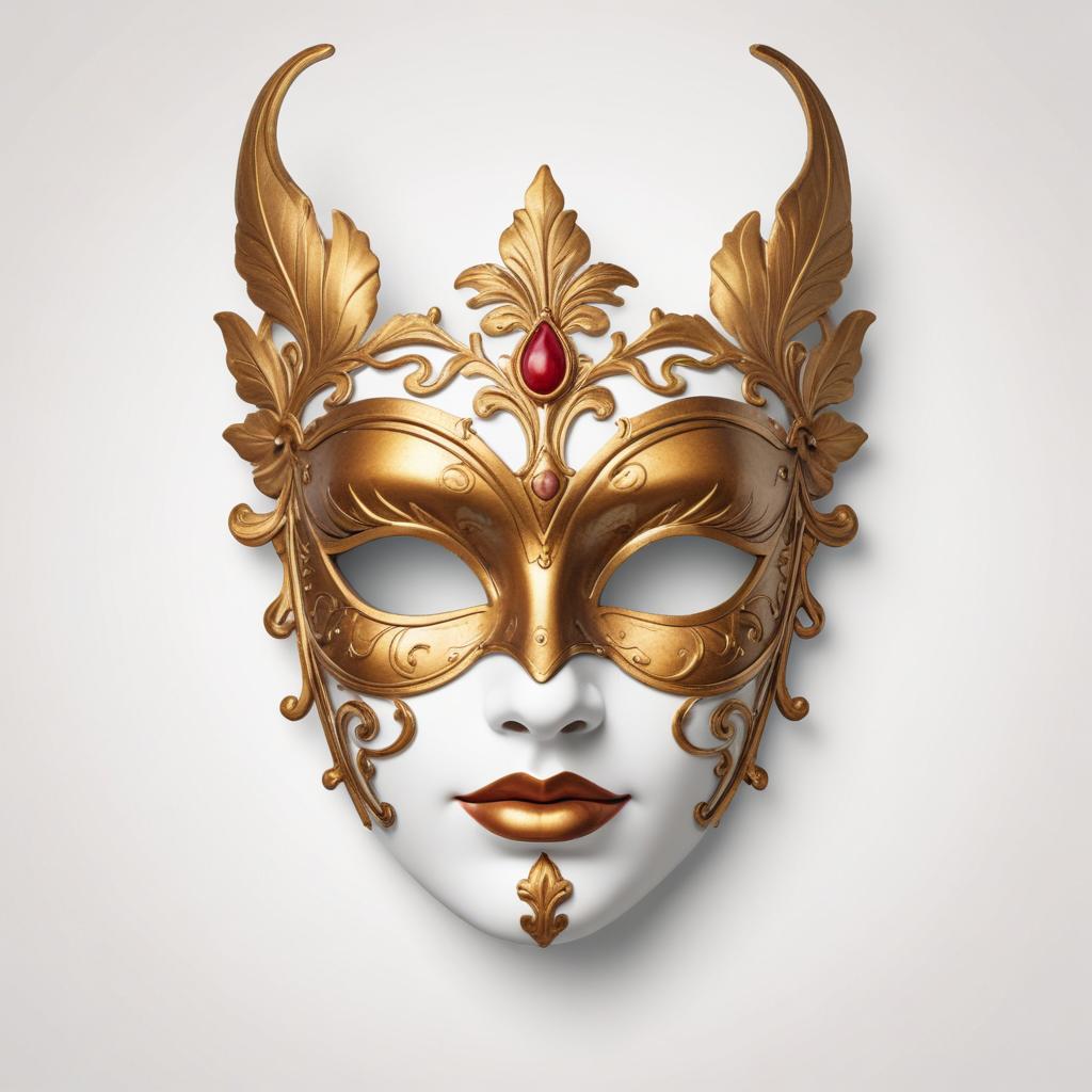 A gold masquerade mask with a red jewel A gold masquerade mask with a red jewel