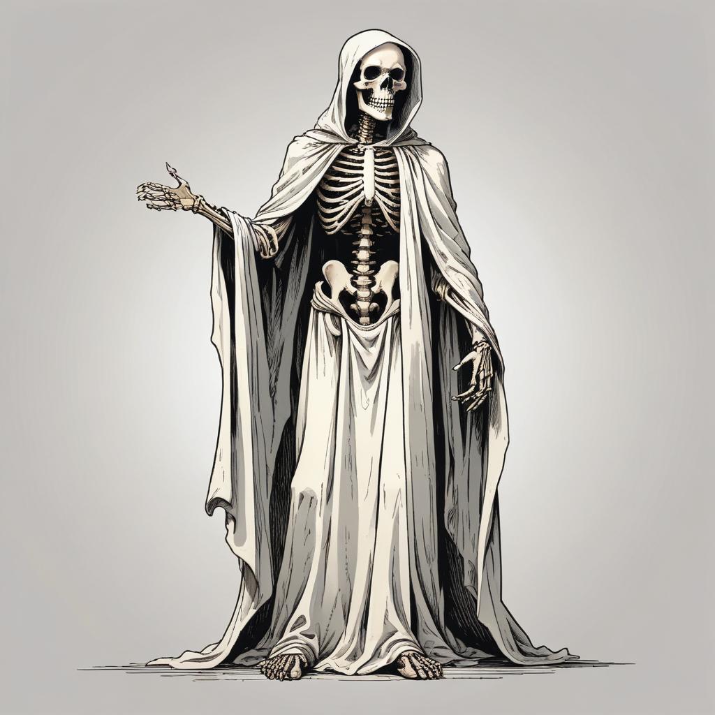A skeletal figure stands in a long robe A skeletal figure stands in a long robe