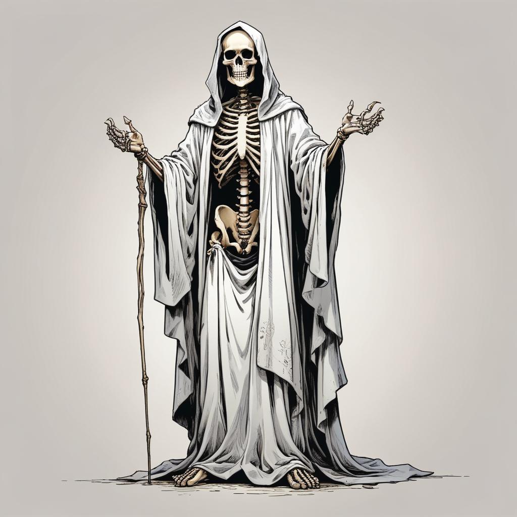 A skeletal figure stands with a staff in a long robe A skeletal figure stands with a staff in a long robe