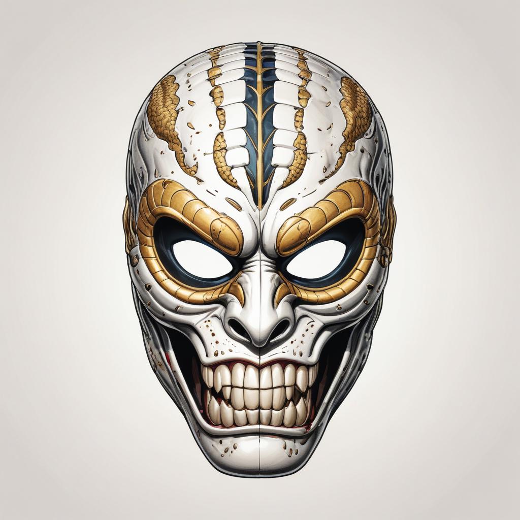 A detailed white and gold mask with sharp teeth A detailed white and gold mask with sharp teeth