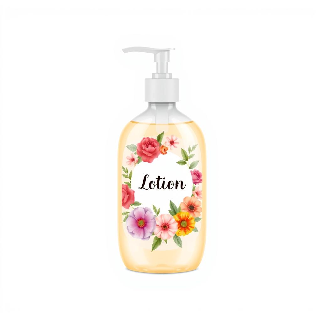 A bottle of lotion with a floral design A bottle of lotion with a floral design