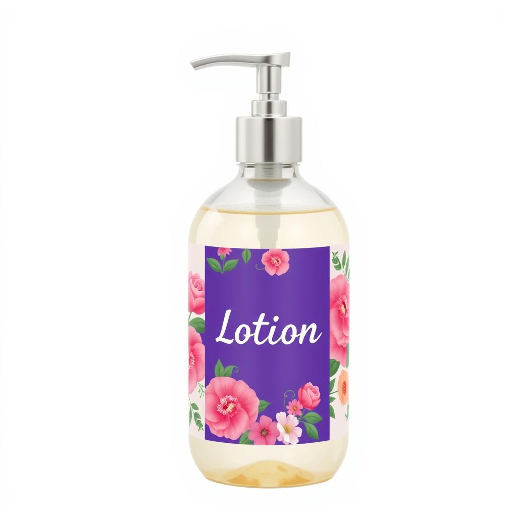 A bottle of lotion with a floral design A bottle of lotion with a floral design
