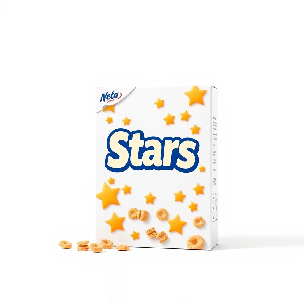 Stars cereal box with scattered pieces on white Stars cereal box with scattered pieces on white