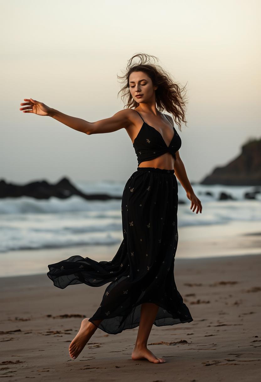 A woman dances on the beach at sunset A woman dances on the beach at sunset