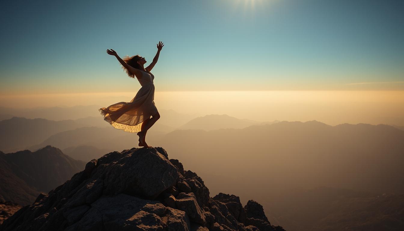 A woman stands on a mountaintop at sunset A woman stands on a mountaintop at sunset