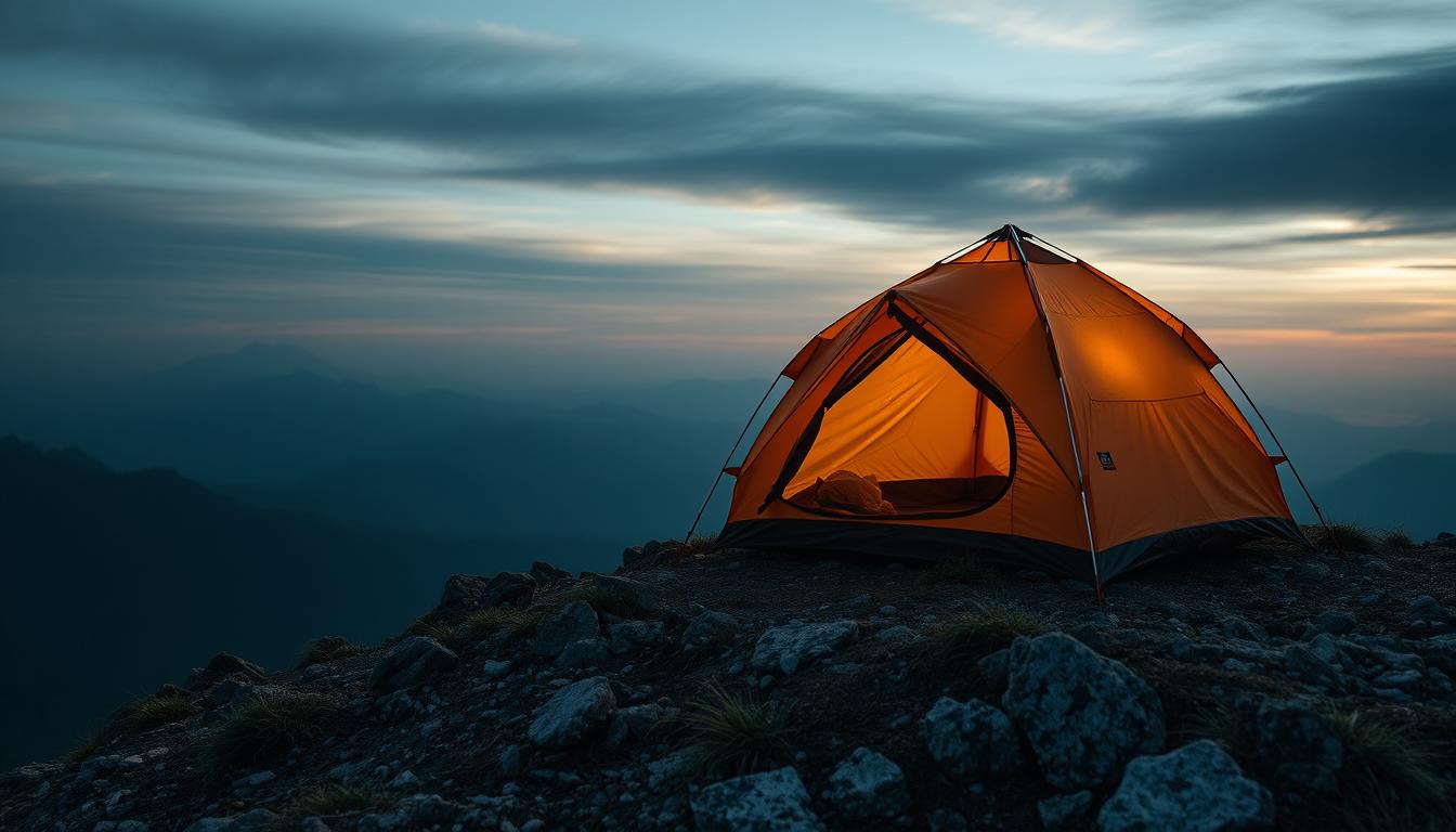 A tent sits atop a mountain at dusk A tent sits atop a mountain at dusk