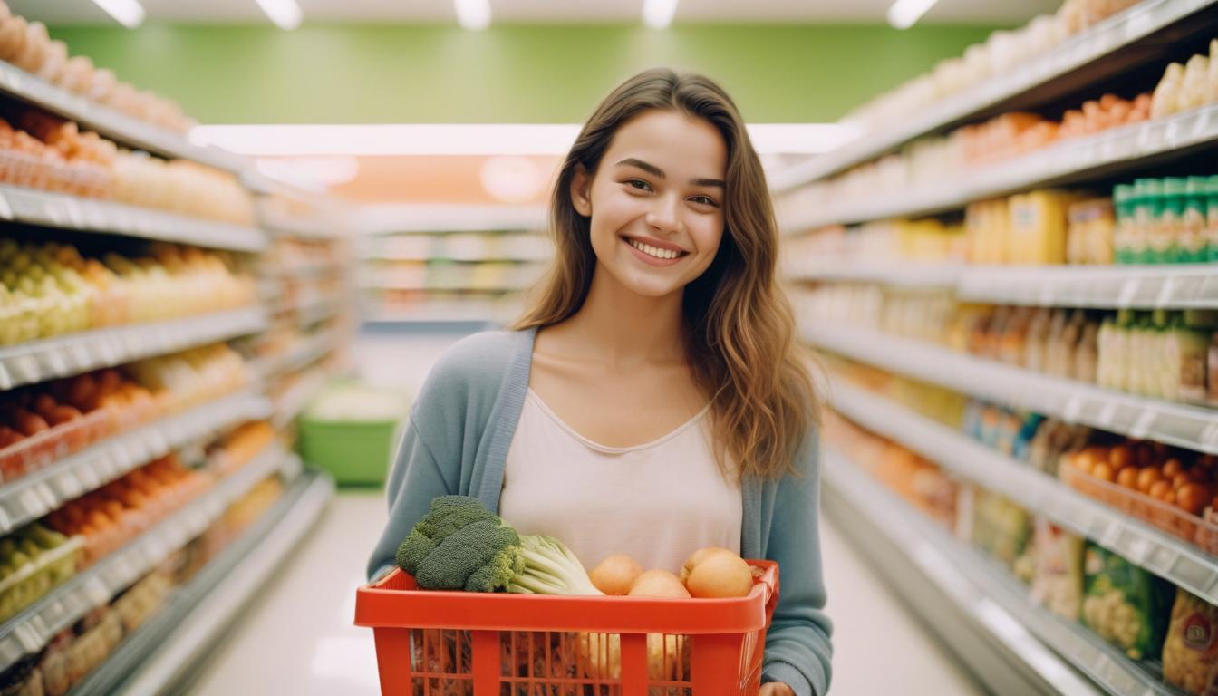 Woman smiles while shopping for groceries Woman smiles while shopping for groceries