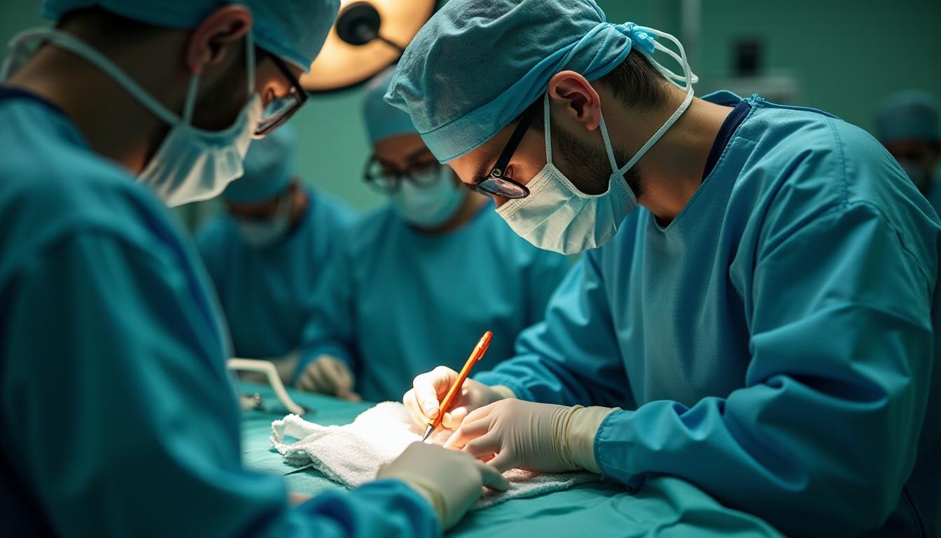 A surgeon performs surgery in an operating room A surgeon performs surgery in an operating room