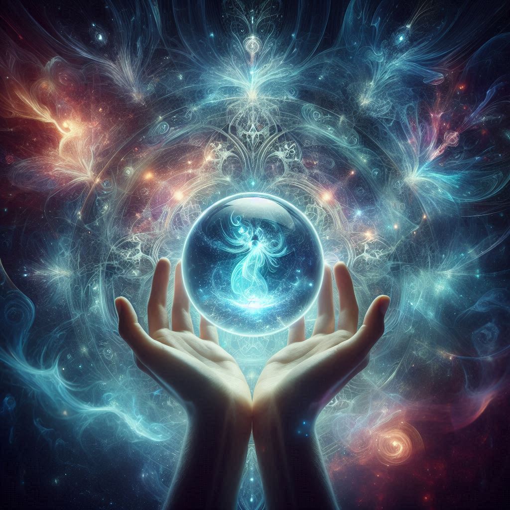 Hands hold a glowing orb against a cosmic backdrop Hands hold a glowing orb against a cosmic backdrop