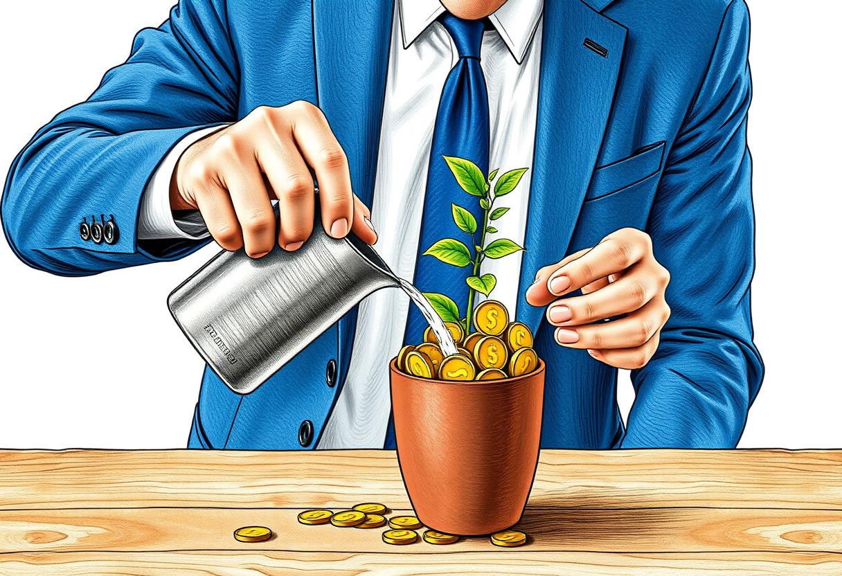A man in a blue suit waters a plant growing from coins A man in a blue suit waters a plant growing from coins