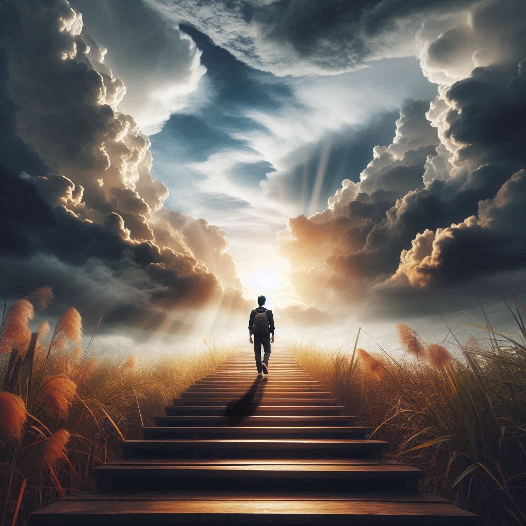 A man walks up a staircase toward a bright sky A man walks up a staircase toward a bright sky