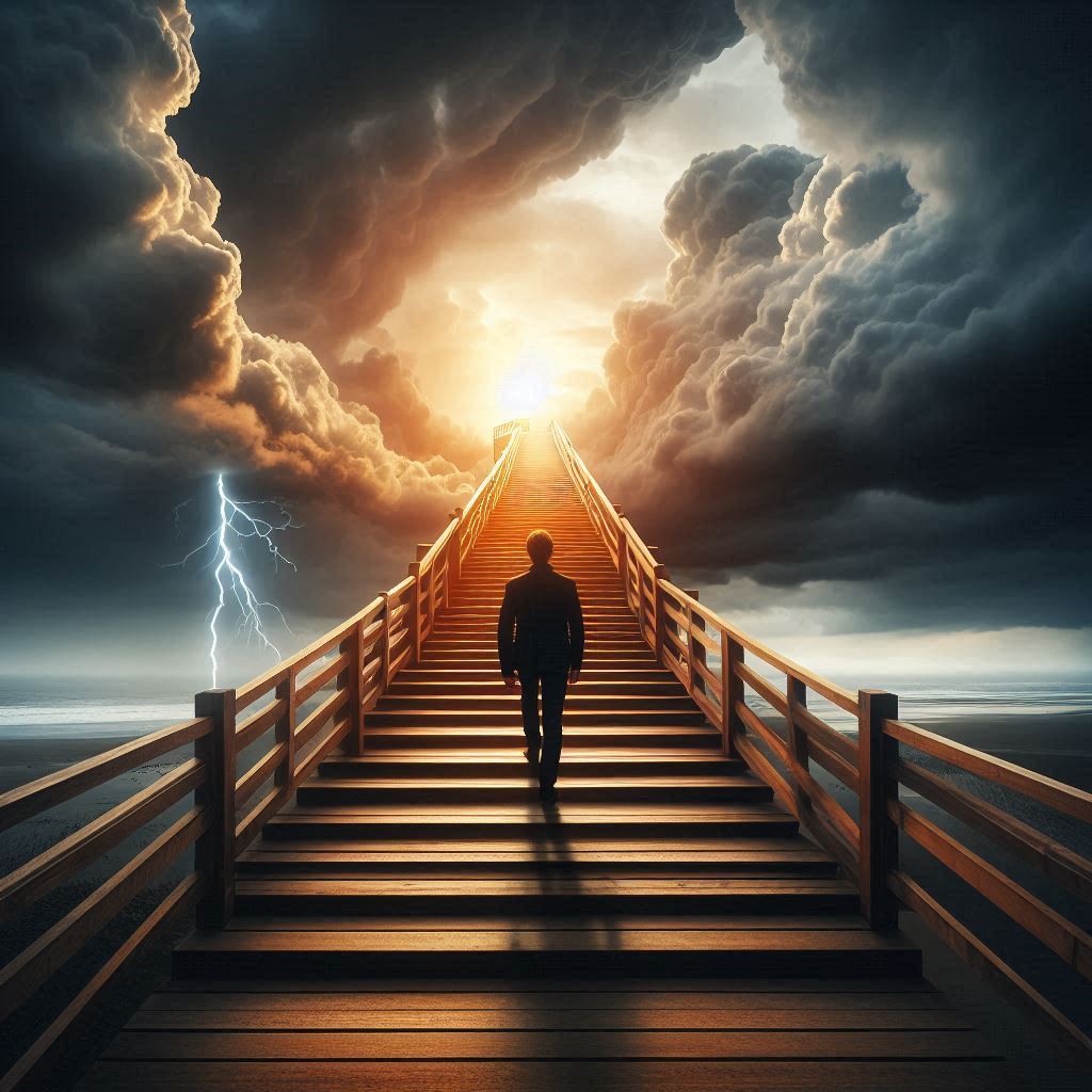 A man walks up a stairway to heaven A man walks up a stairway to heaven