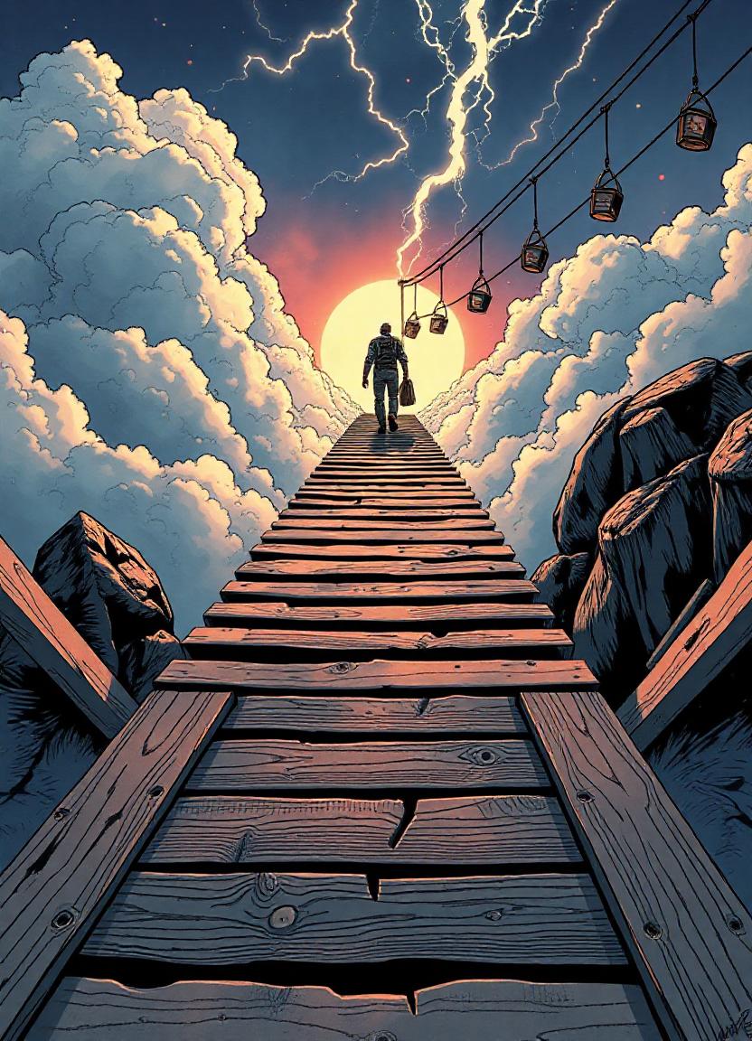 A man climbs stairs to the moon and stormy sky A man climbs stairs to the moon and stormy sky