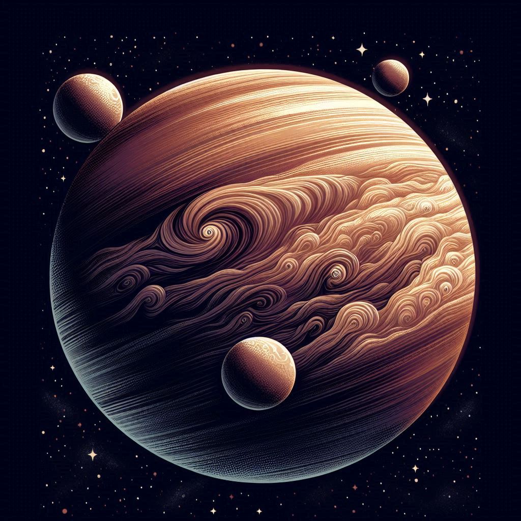 A swirling gas giant with moons in space A swirling gas giant with moons in space