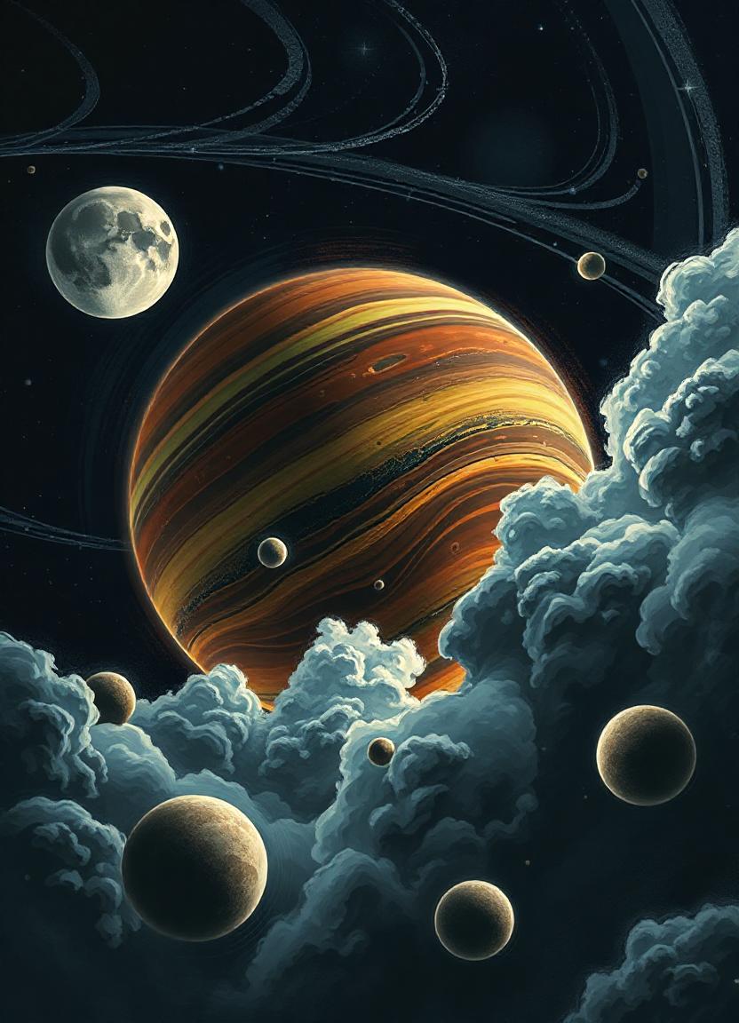 A large, striped planet floats above clouds in space A large, striped planet floats above clouds in space
