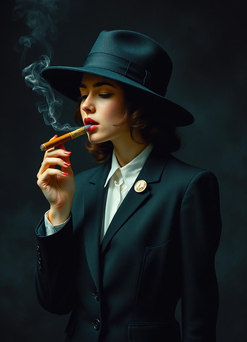 A woman in a suit and hat smokes a cigar A woman in a suit and hat smokes a cigar