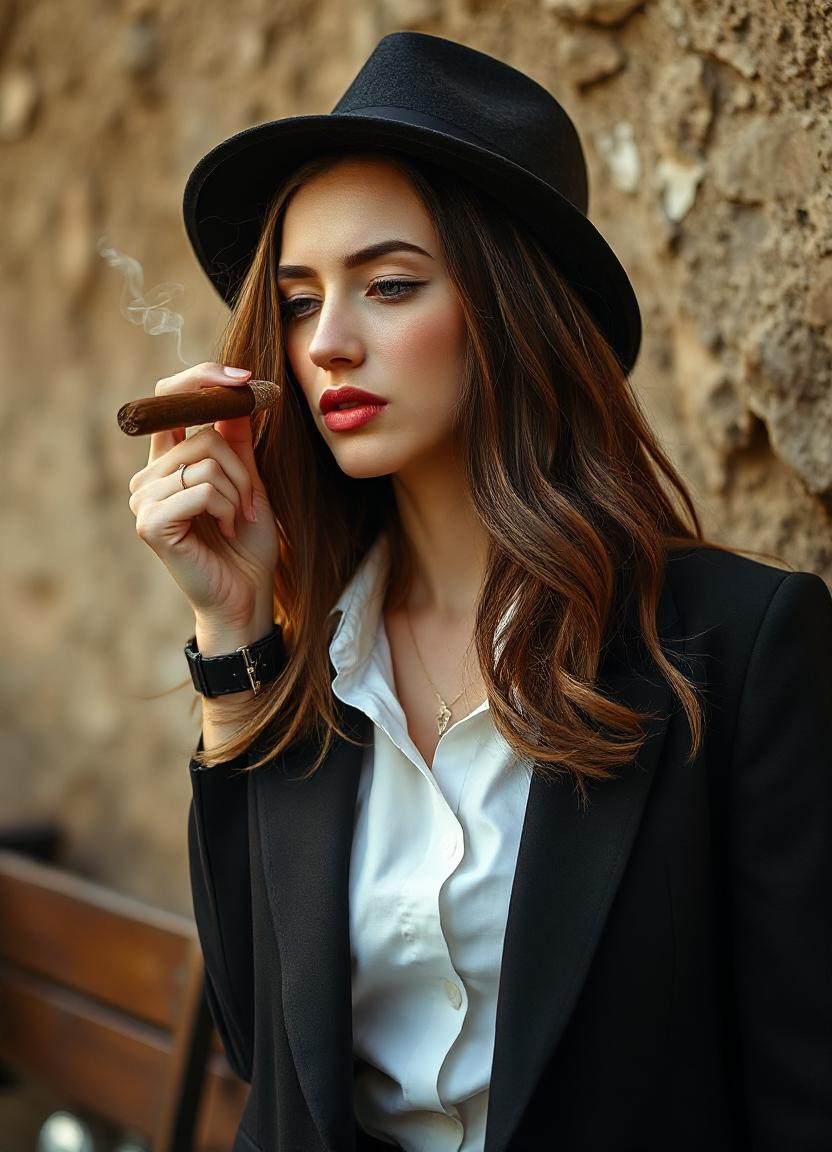A woman in a black hat smokes a cigar A woman in a black hat smokes a cigar