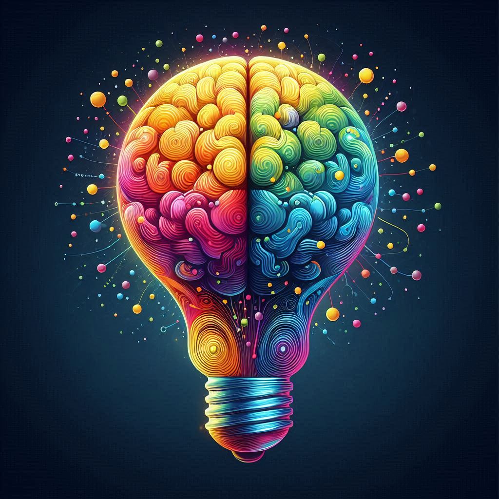 A colorful brain shaped like a light bulb