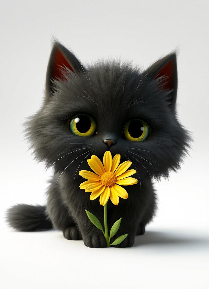 A black kitten holds a yellow daisy A black kitten holds a yellow daisy