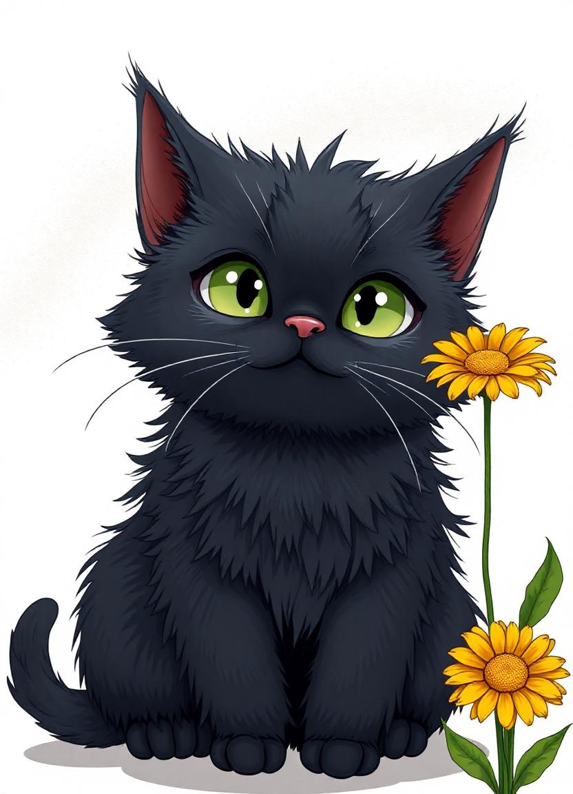 A black kitten sits near yellow flowers A black kitten sits near yellow flowers