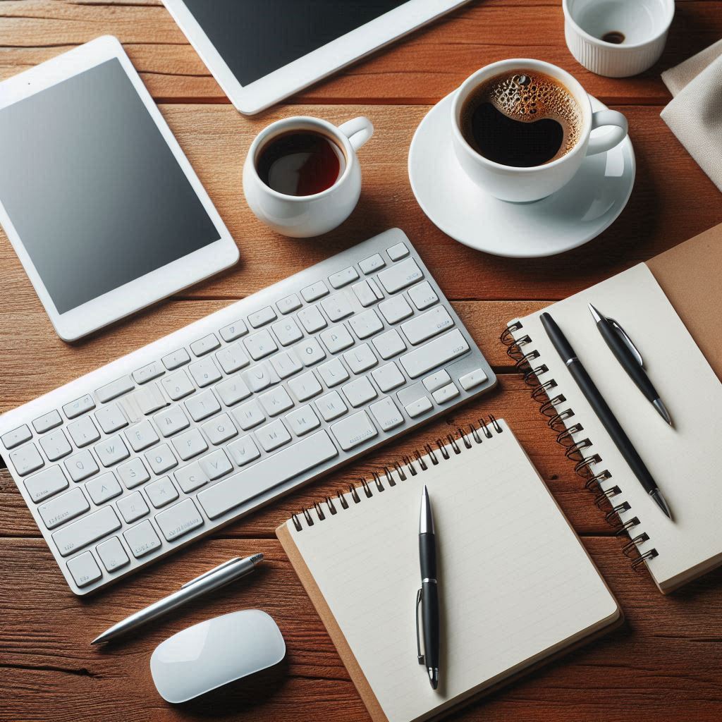 A desk with a keyboard, coffee, pens, and notebooks A desk with a keyboard, coffee, pens, and notebooks