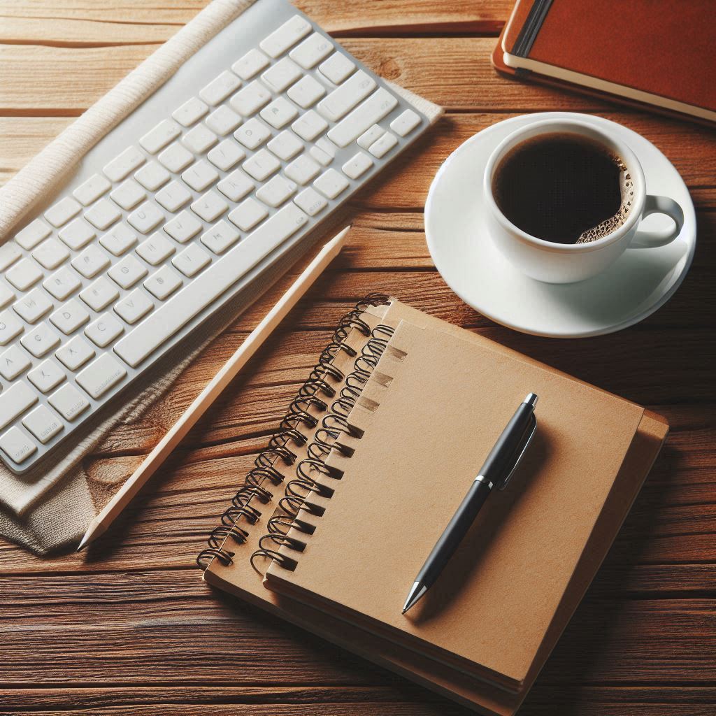 A workspace with a keyboard, notebook, and coffee A workspace with a keyboard, notebook, and coffee
