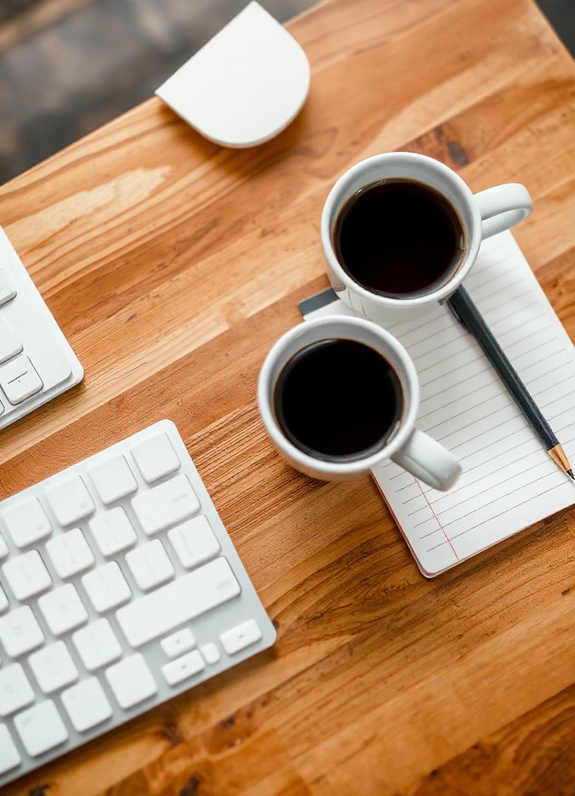Two cups of coffee on a desk with a keyboard and notepad Two cups of coffee on a desk with a keyboard and notepad