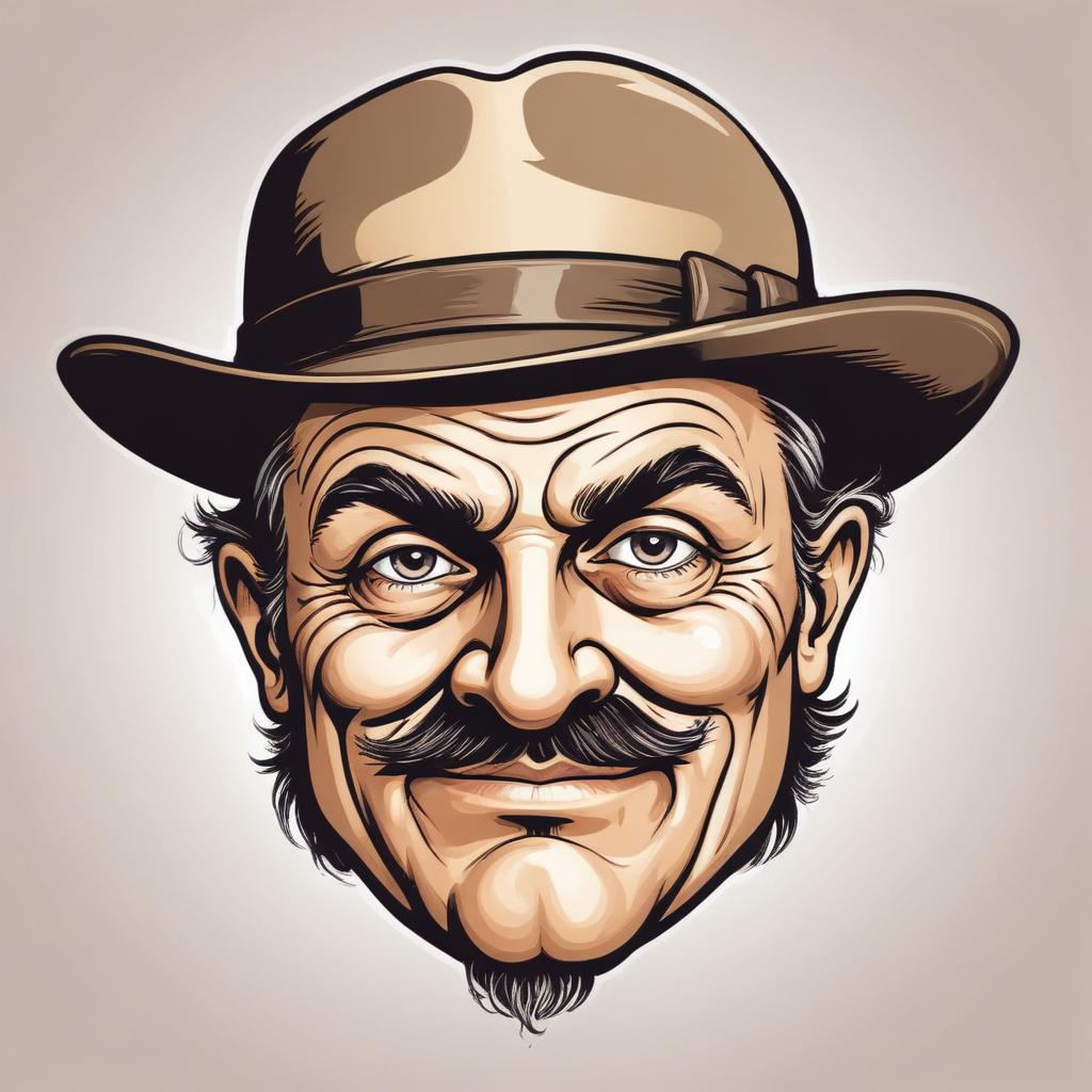 Cartoon man with a mustache smiles in a brown hat Cartoon man with a mustache smiles in a brown hat