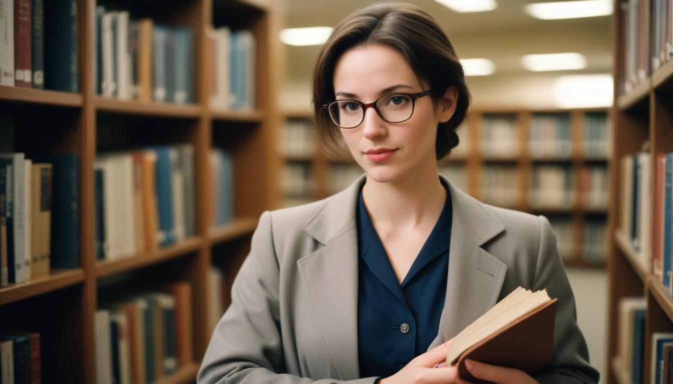 A woman in glasses holds a book in a library A woman in glasses holds a book in a library