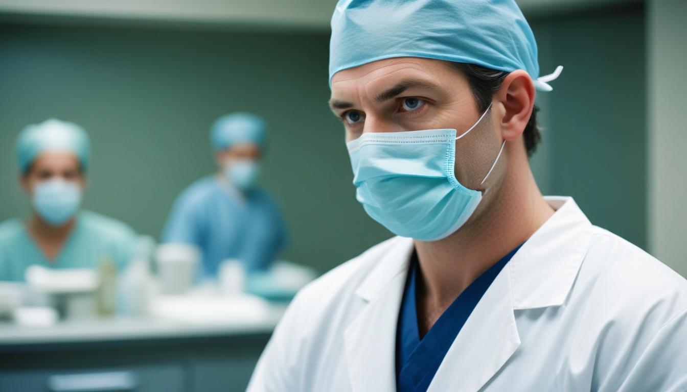 A surgeon in a hospital operating room A surgeon in a hospital operating room