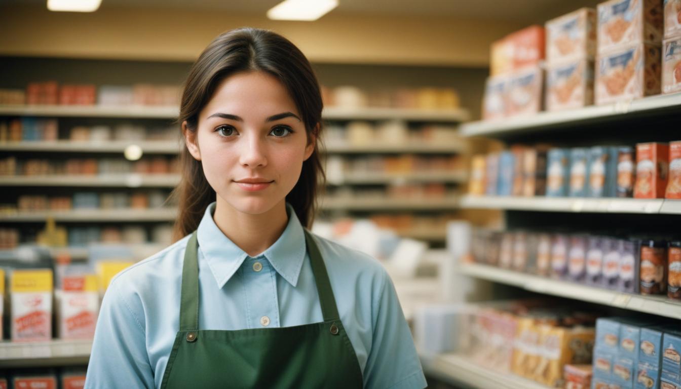 A young woman wearing an apron stands in a grocery store A young woman wearing an apron stands in a grocery store