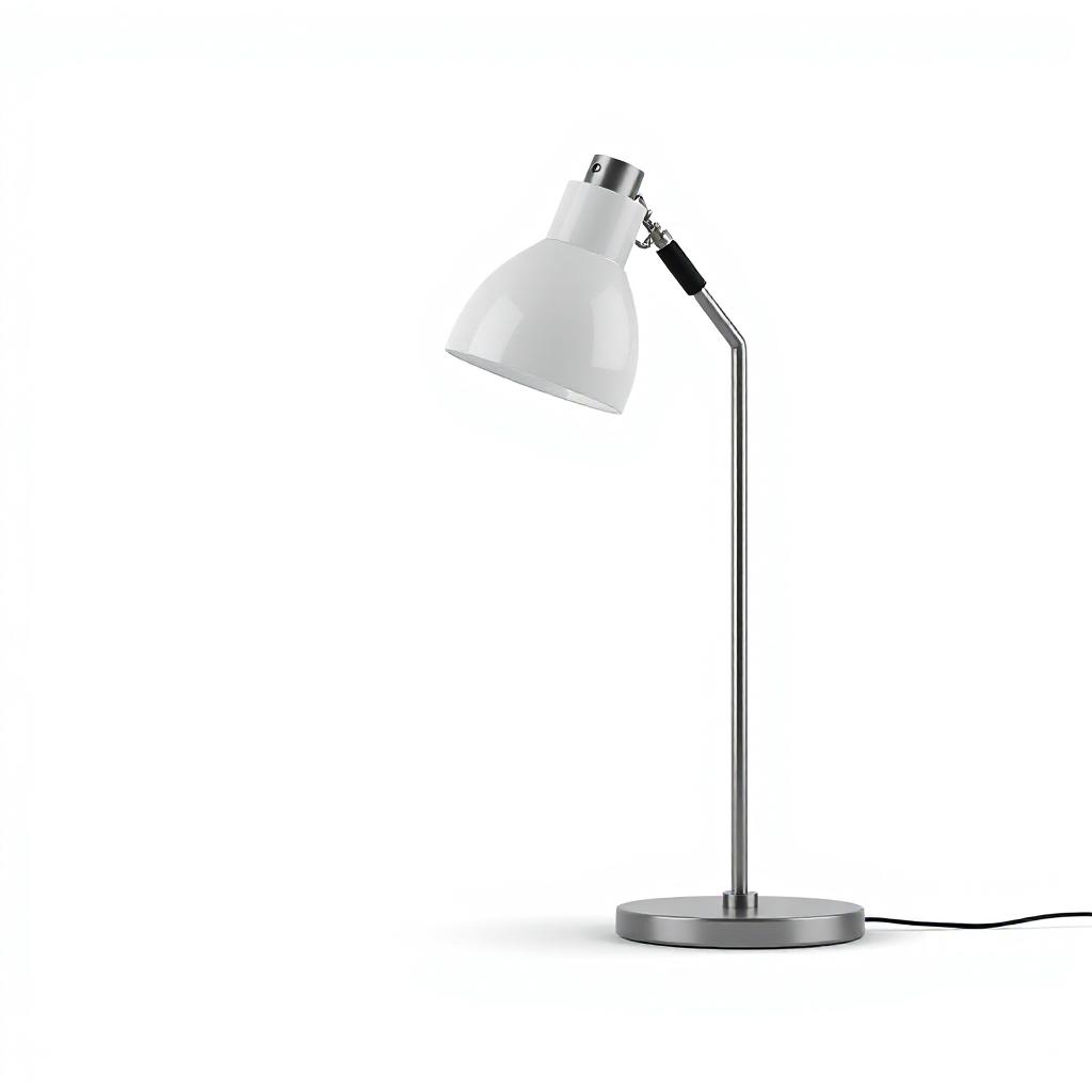 A white desk lamp with a silver base A white desk lamp with a silver base