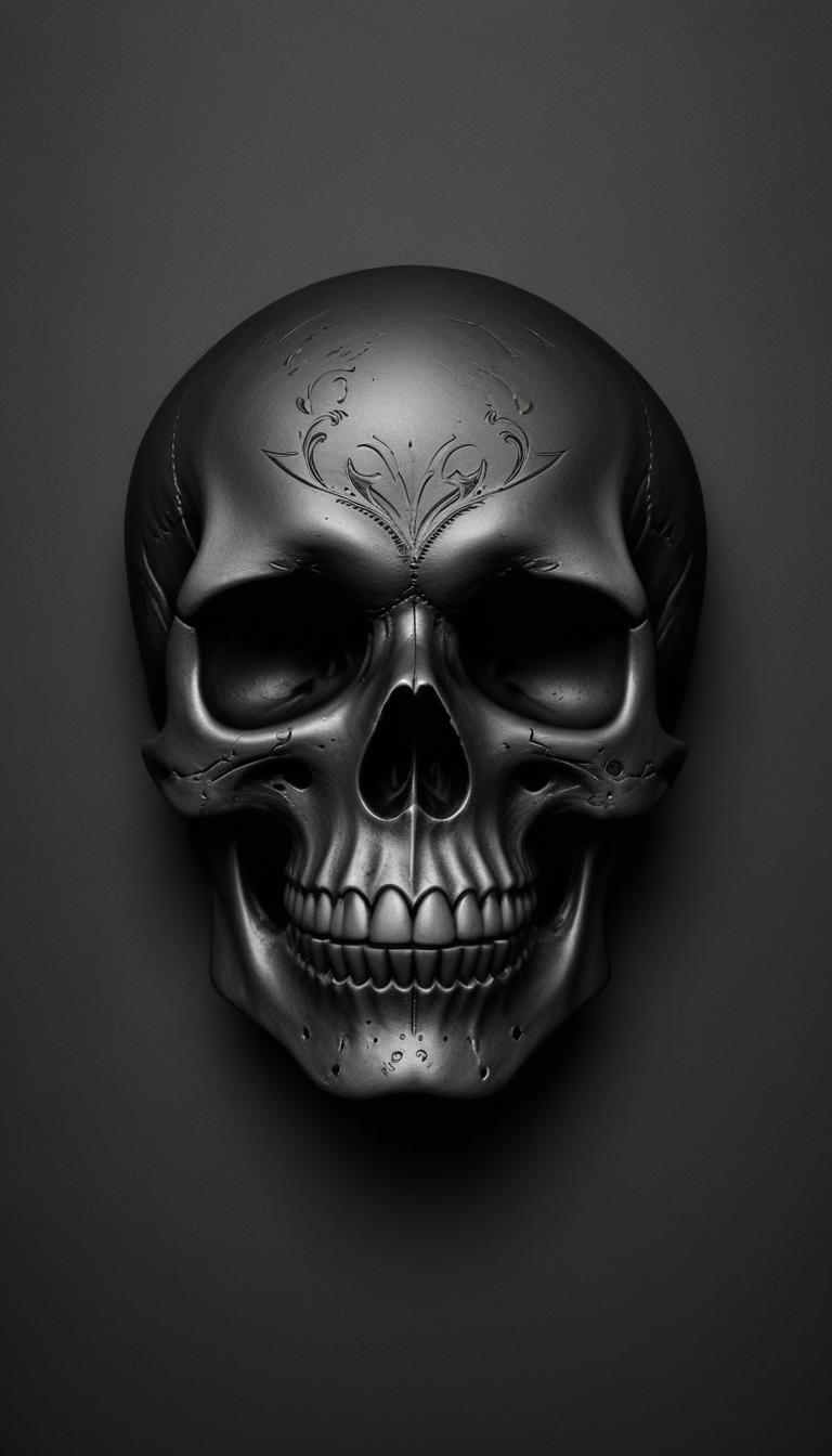 A black skull with a floral design on its forehead A black skull with a floral design on its forehead