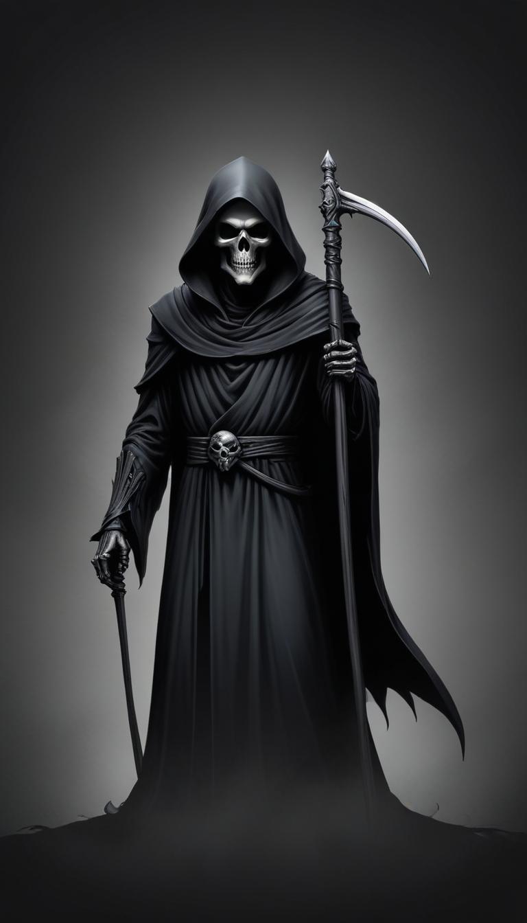 The grim reaper stands with his scythe The grim reaper stands with his scythe
