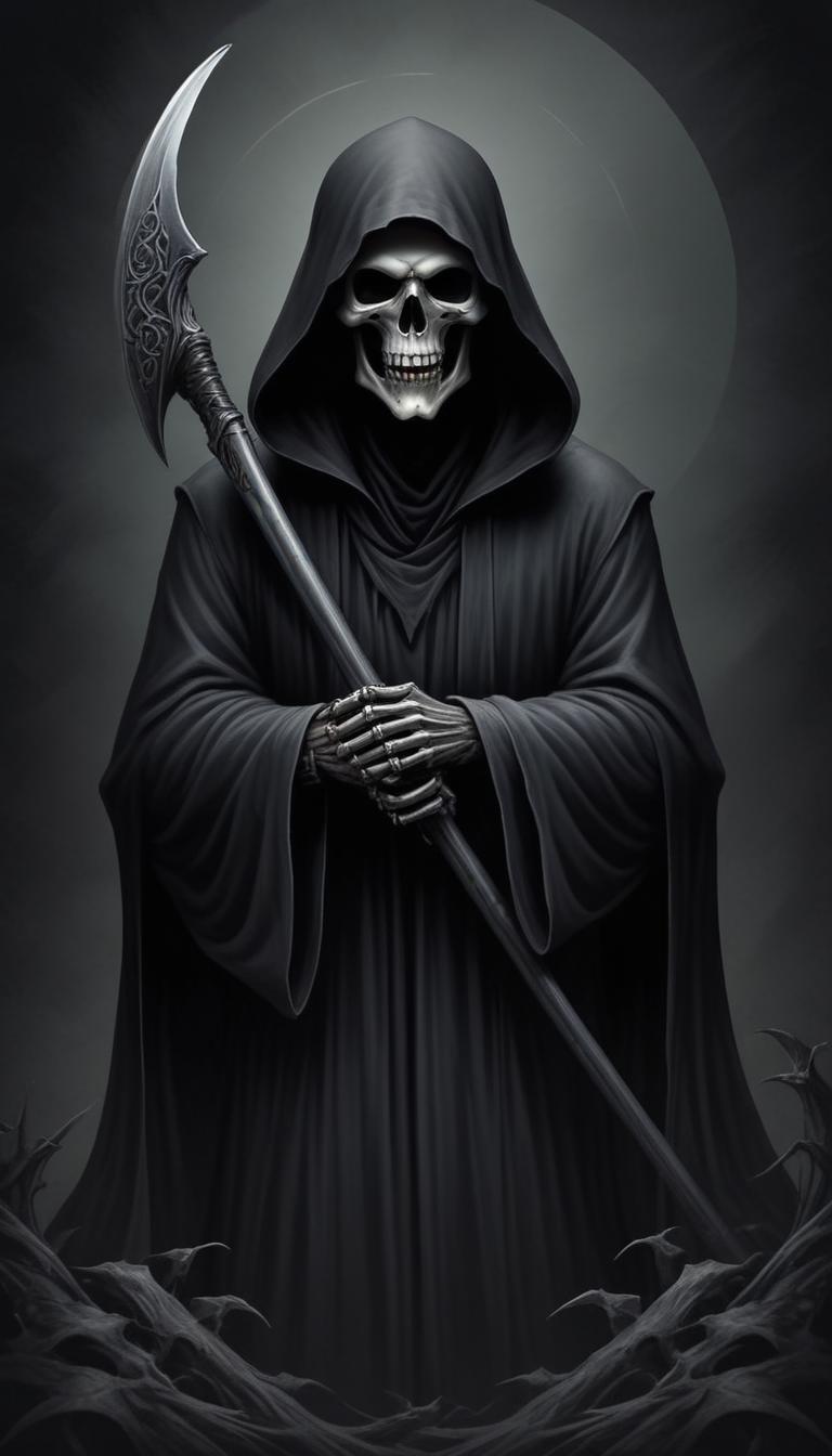 The grim reaper stands ready with his scythe The grim reaper stands ready with his scythe