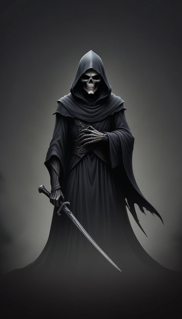 A skeletal figure stands in a dark robe, holding a sword A skeletal figure stands in a dark robe, holding a sword