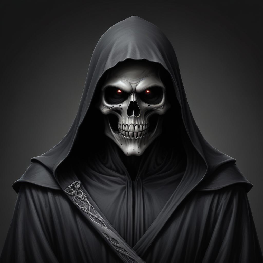 A skeletal figure in a black robe stares intently A skeletal figure in a black robe stares intently
