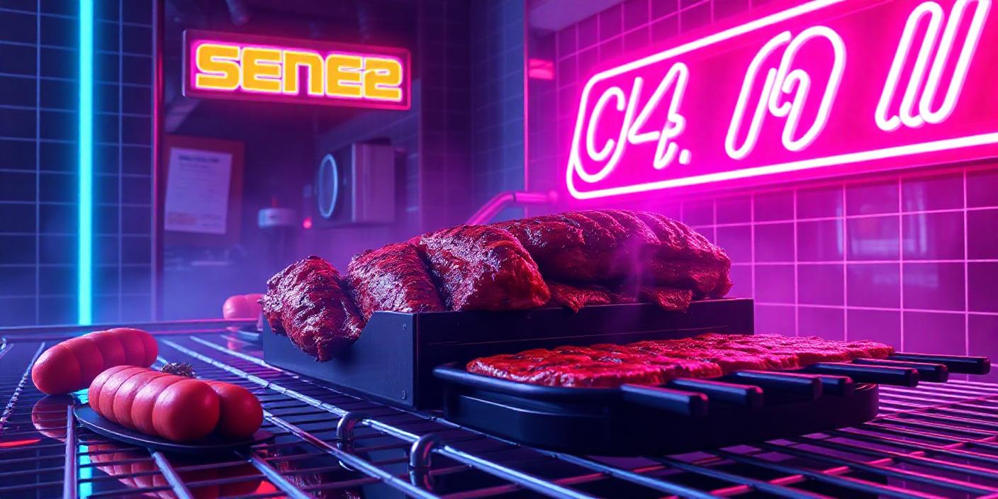 Meat cooking on a grill under neon lights Meat cooking on a grill under neon lights