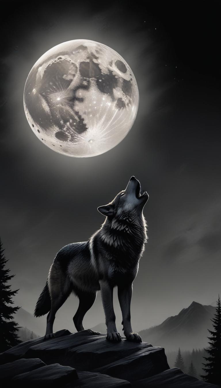 A wolf howls at the full moon in a dark forest A wolf howls at the full moon in a dark forest