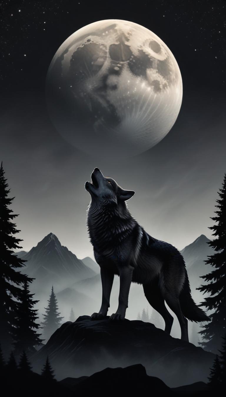 A wolf howls at the full moon in the mountains A wolf howls at the full moon in the mountains