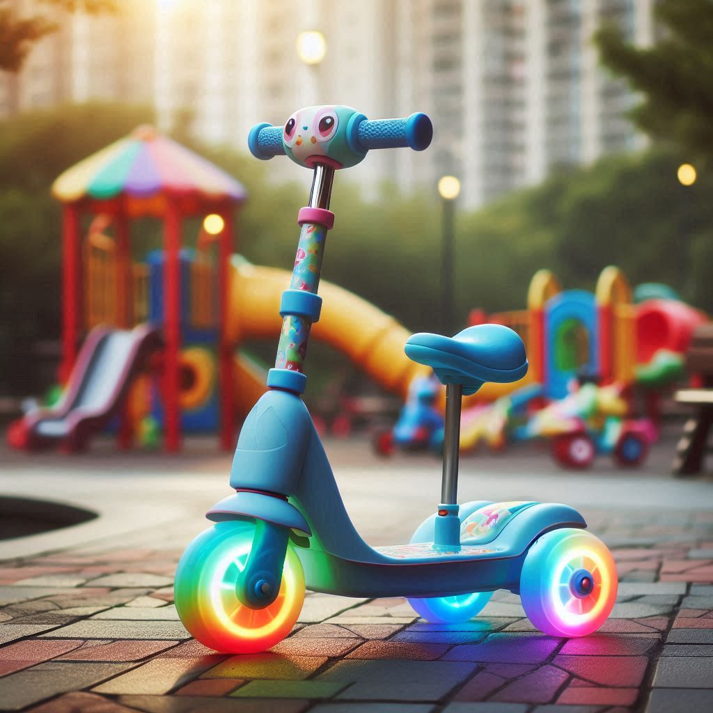 A blue scooter sits in a playground A blue scooter sits in a playground