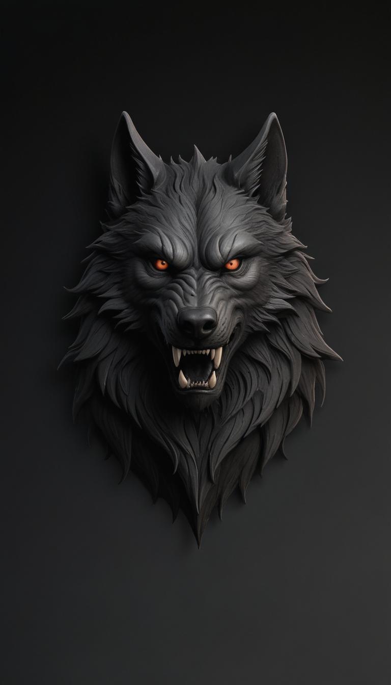 A snarling wolf sculpture against a black background A snarling wolf sculpture against a black background
