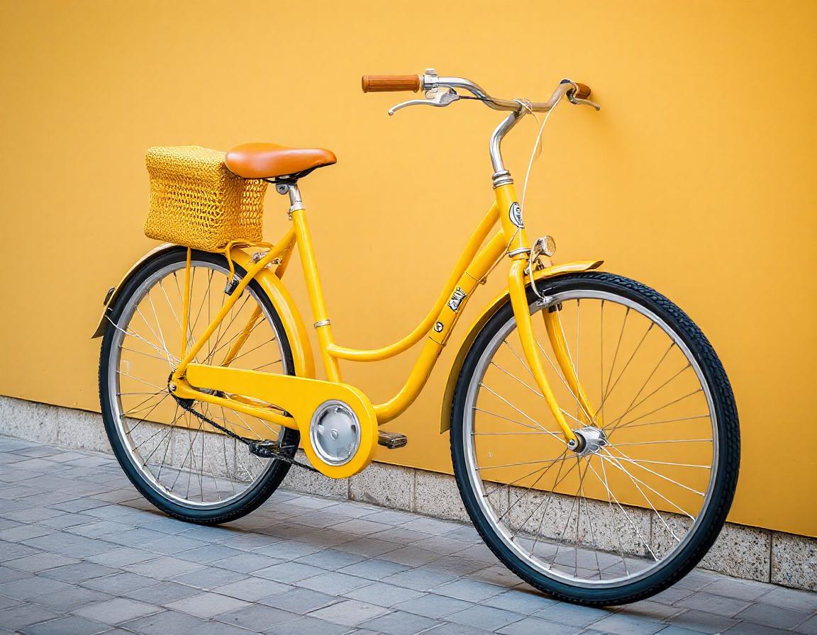 A yellow bicycle sits parked in front of a yellow wall A yellow bicycle sits parked in front of a yellow wall