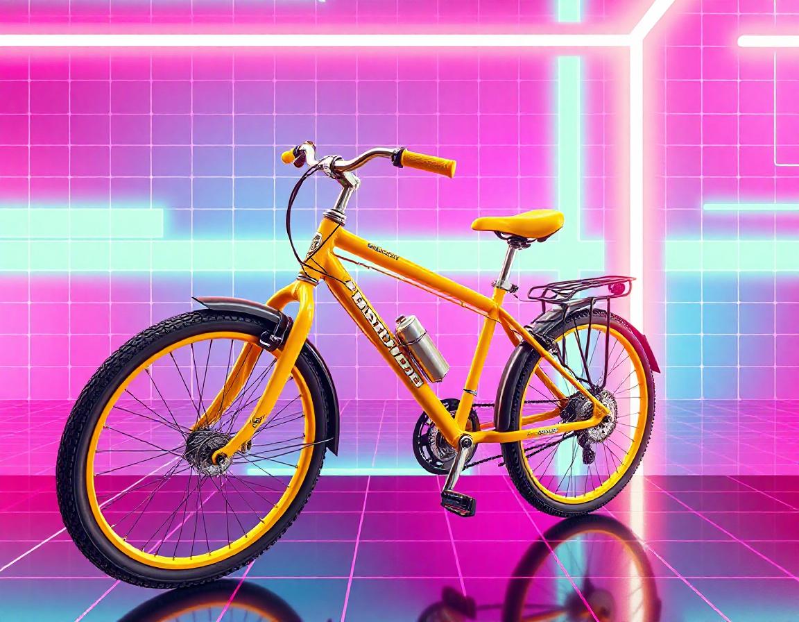 A yellow bicycle sits in front of a pink and blue grid A yellow bicycle sits in front of a pink and blue grid