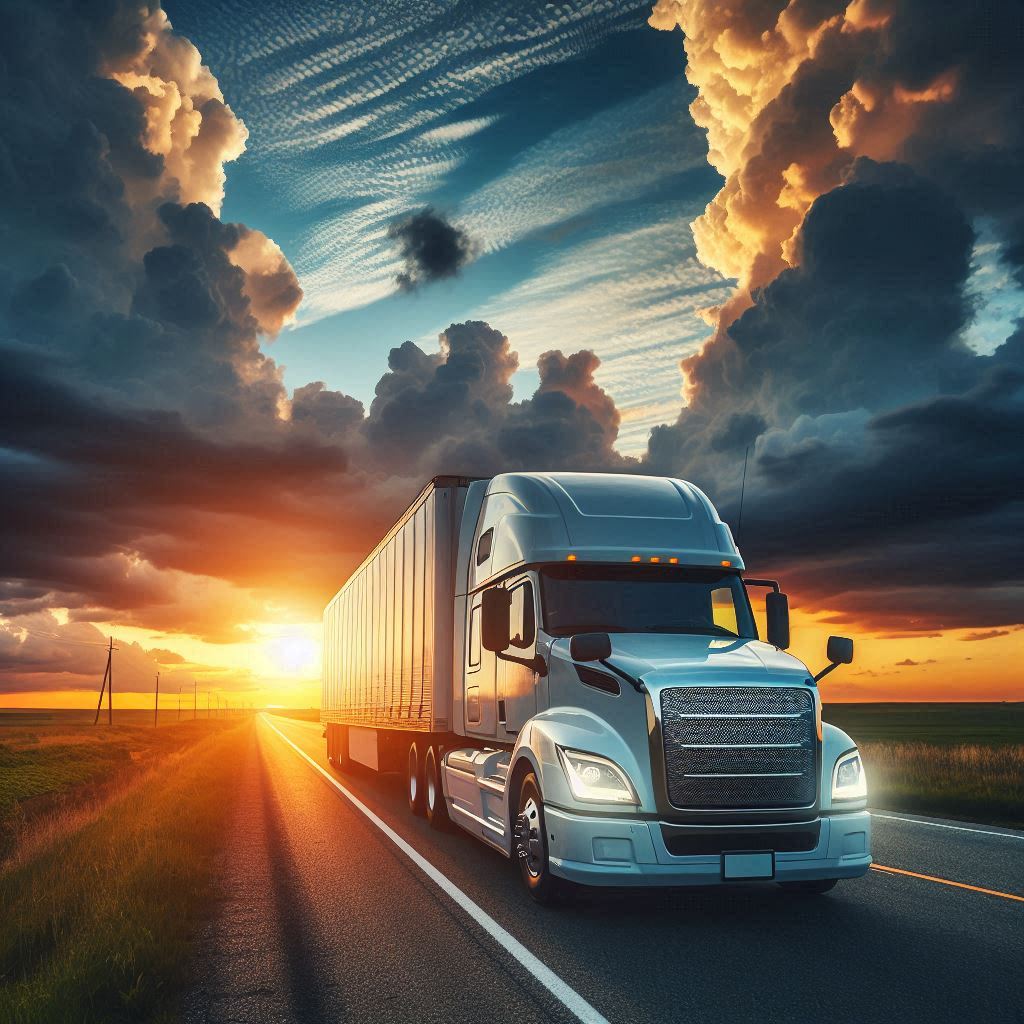 A semi-truck drives down a highway at sunset A semi-truck drives down a highway at sunset