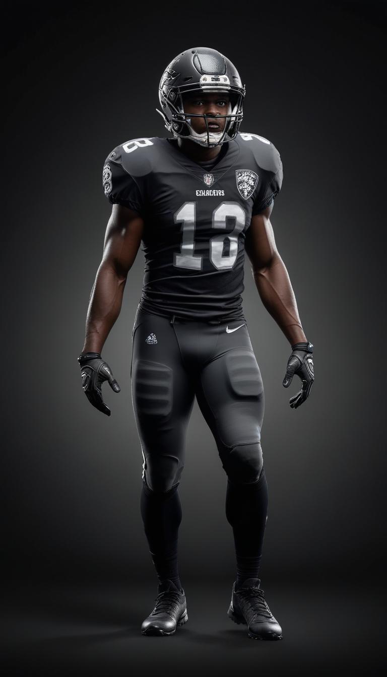 A football player stands in a black uniform A football player stands in a black uniform