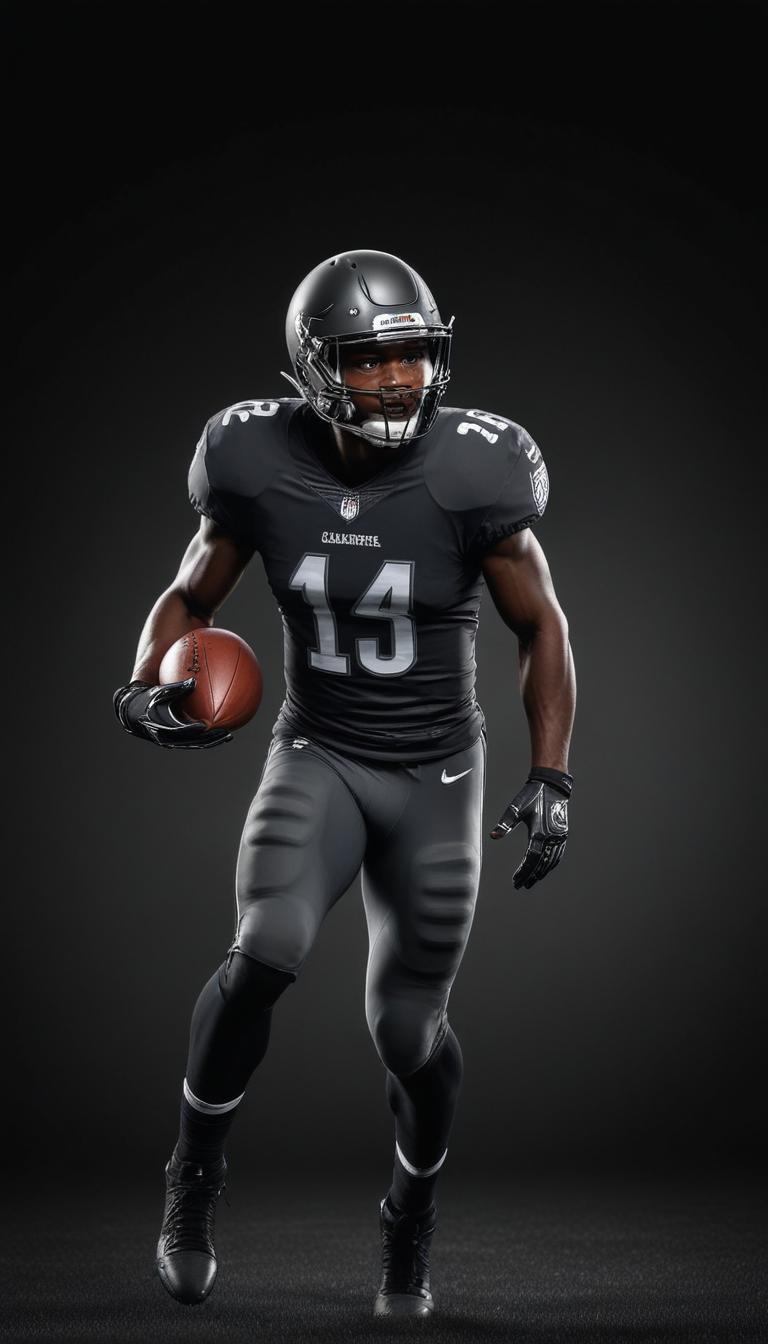 A football player in a black uniform runs with the ball A football player in a black uniform runs with the ball