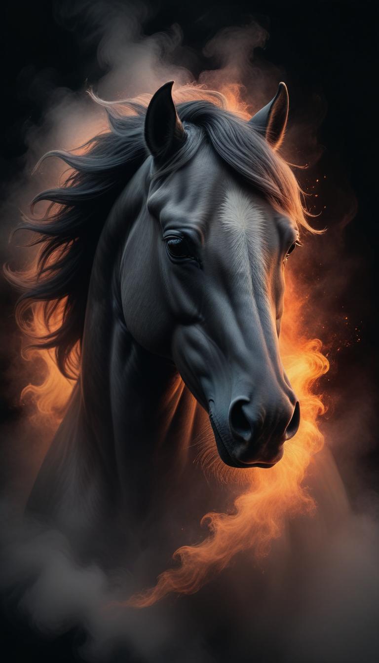 Black horse with white blaze against fiery backdrop Black horse with white blaze against fiery backdrop